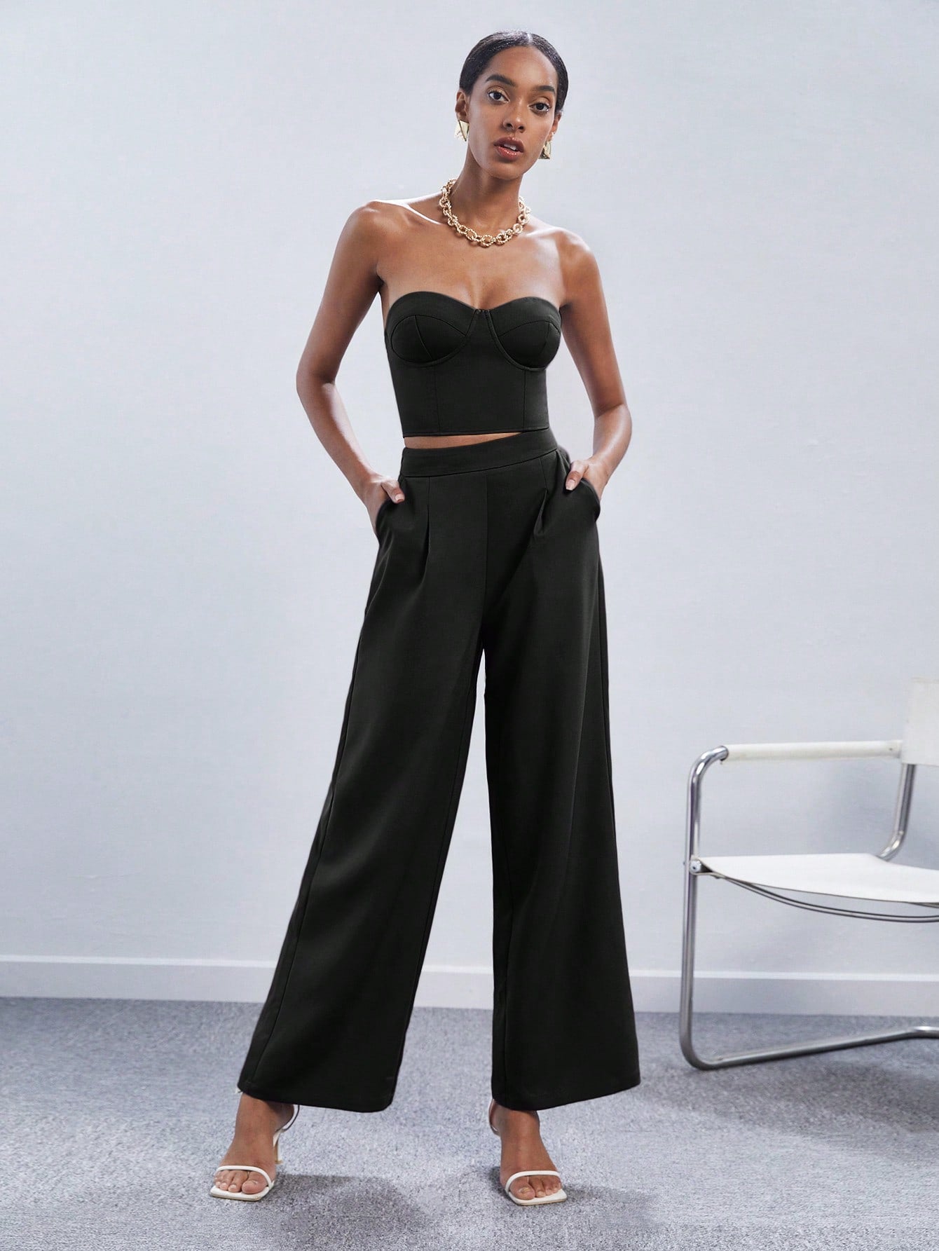 BIZwear Solid Tube Top & Wide Leg Pants Workwear shein