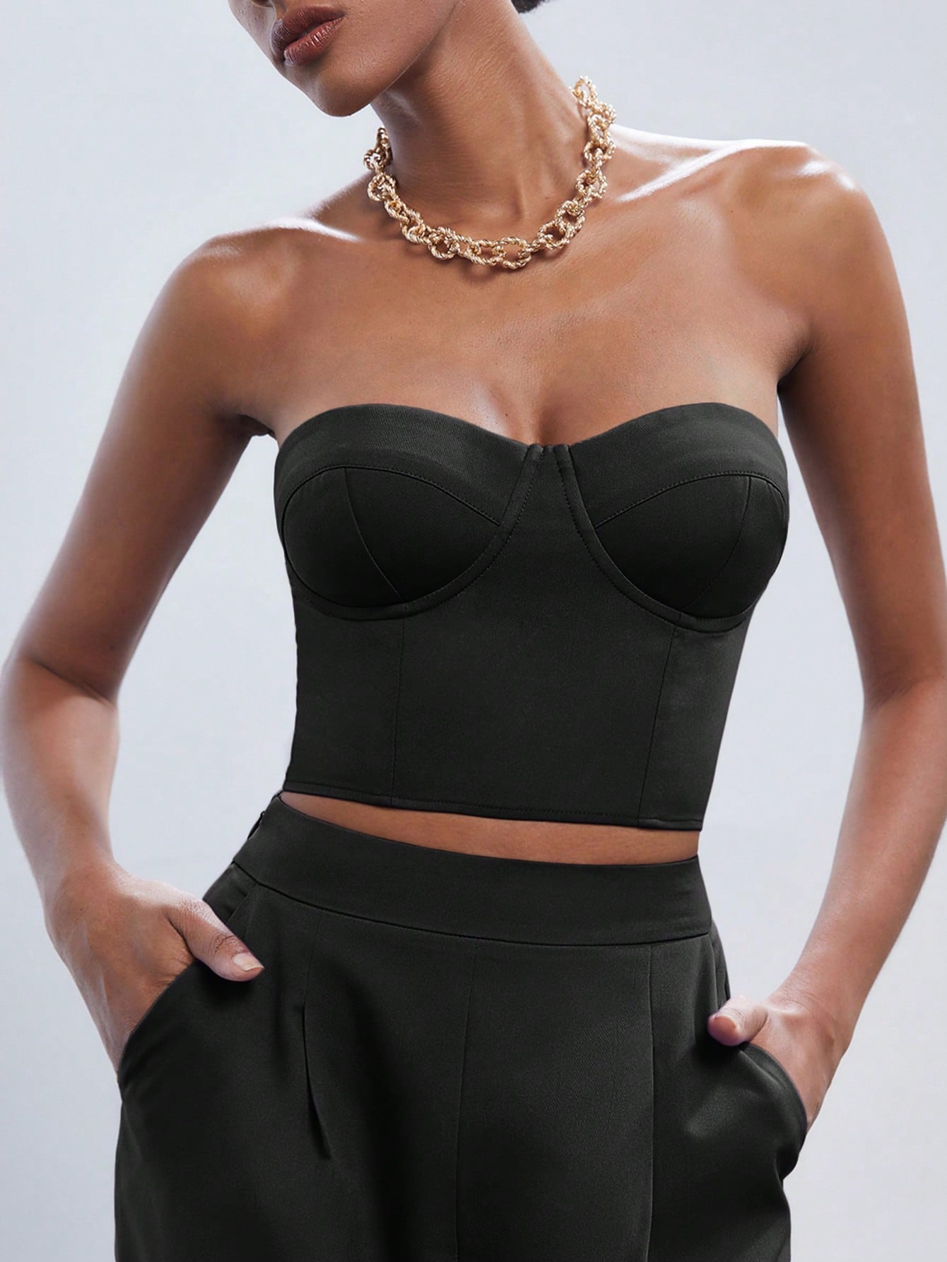 BIZwear Solid Tube Top & Wide Leg Pants Workwear shein