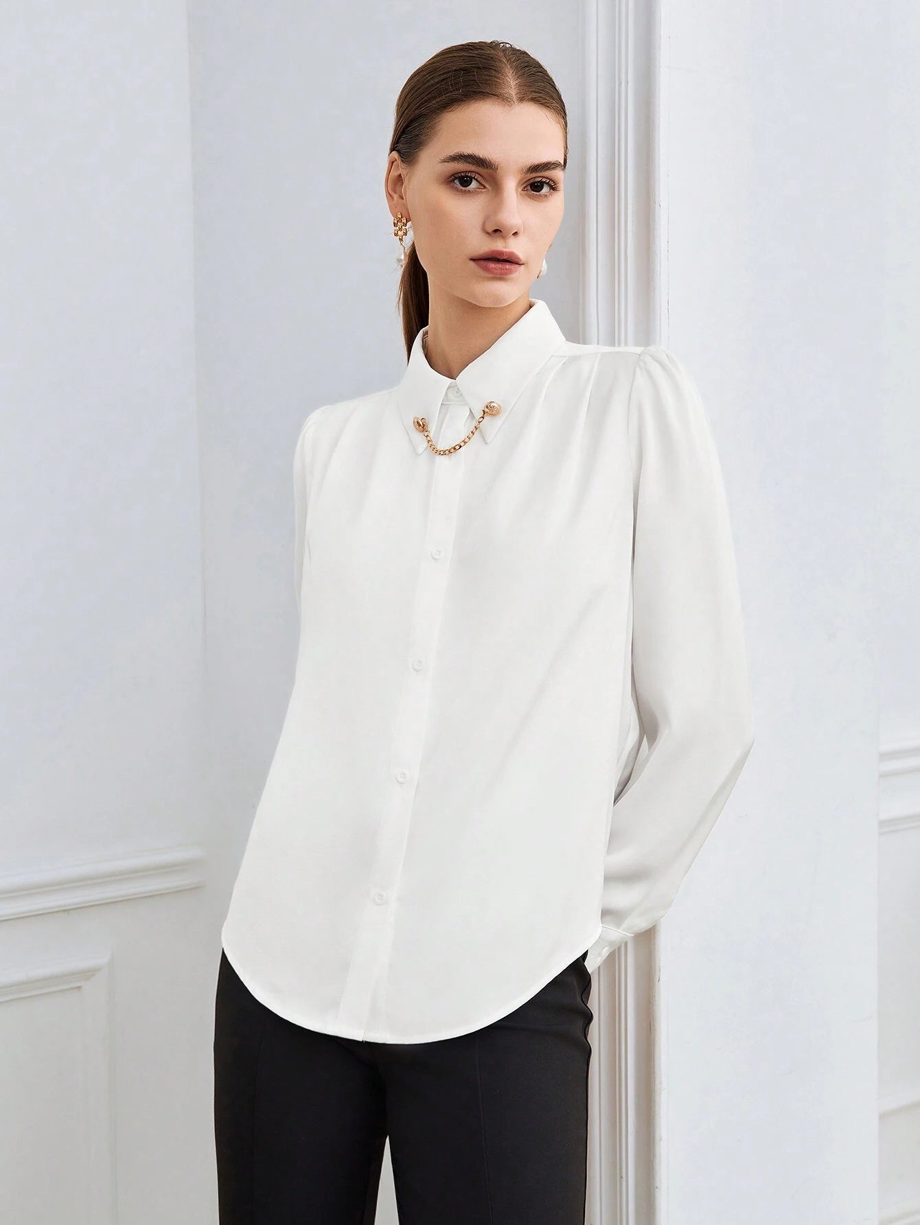 BIZwear Women's Puff sleeve Shirt With Chain Decoration shein