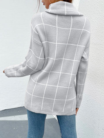 BTFBM Grid Pattern Turtleneck Drop Shoulder Sweater shein