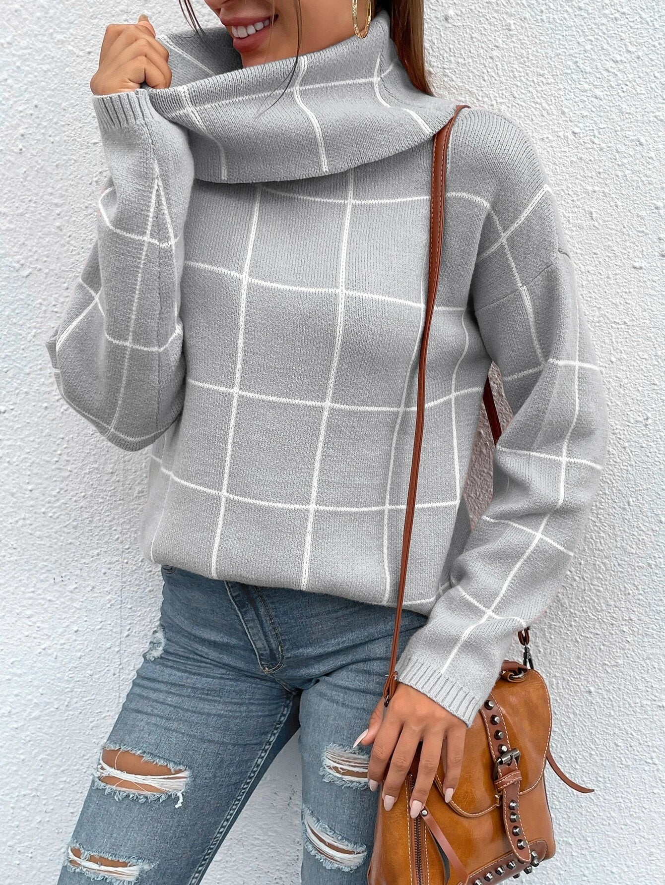 BTFBM Grid Pattern Turtleneck Drop Shoulder Sweater shein