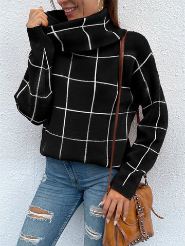 BTFBM Grid Pattern Turtleneck Drop Shoulder Sweater shein