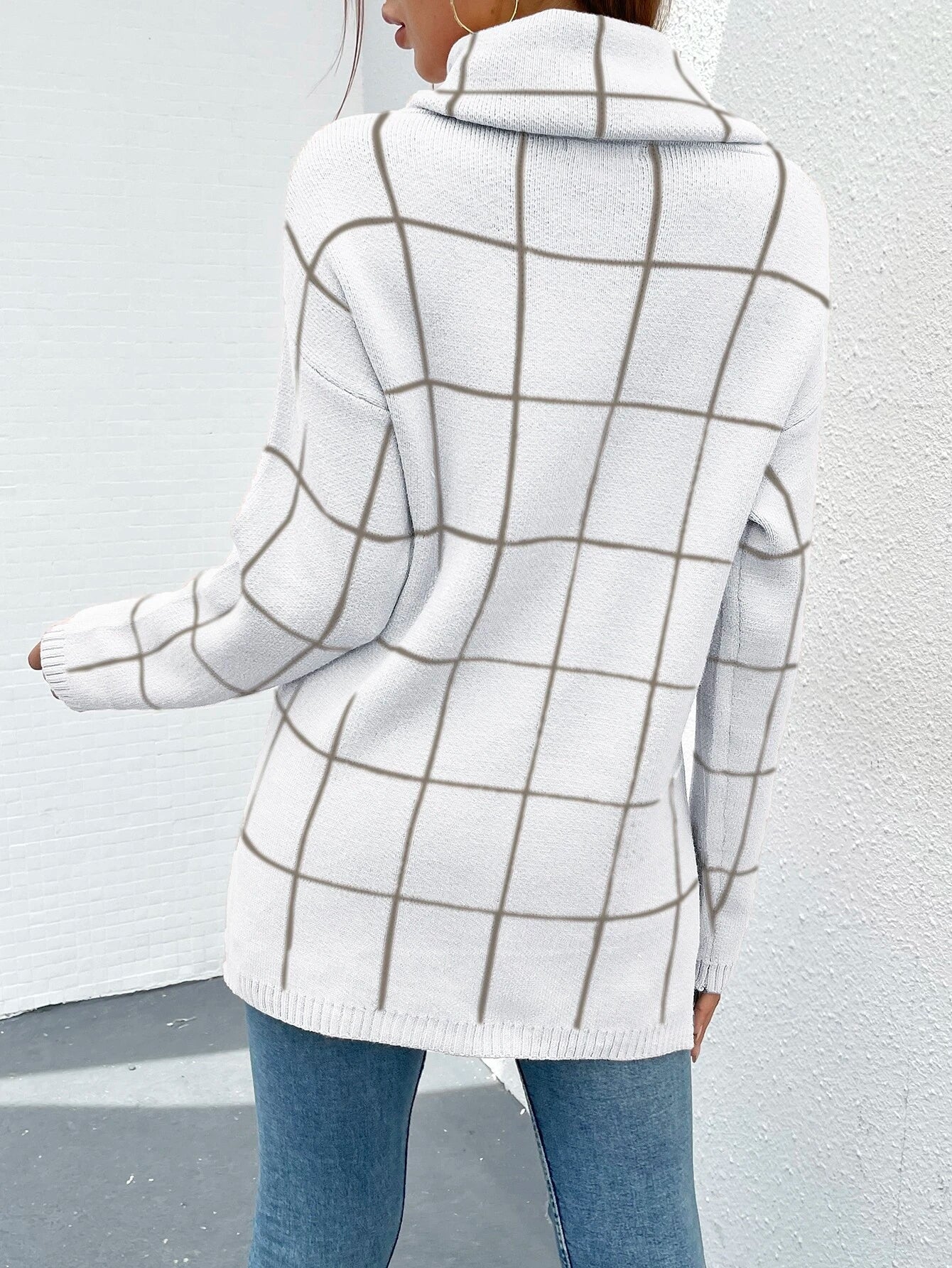 BTFBM Grid Pattern Turtleneck Drop Shoulder Sweater shein