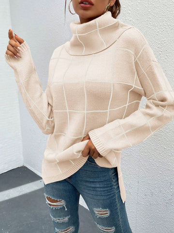 BTFBM Grid Pattern Turtleneck Drop Shoulder Sweater shein