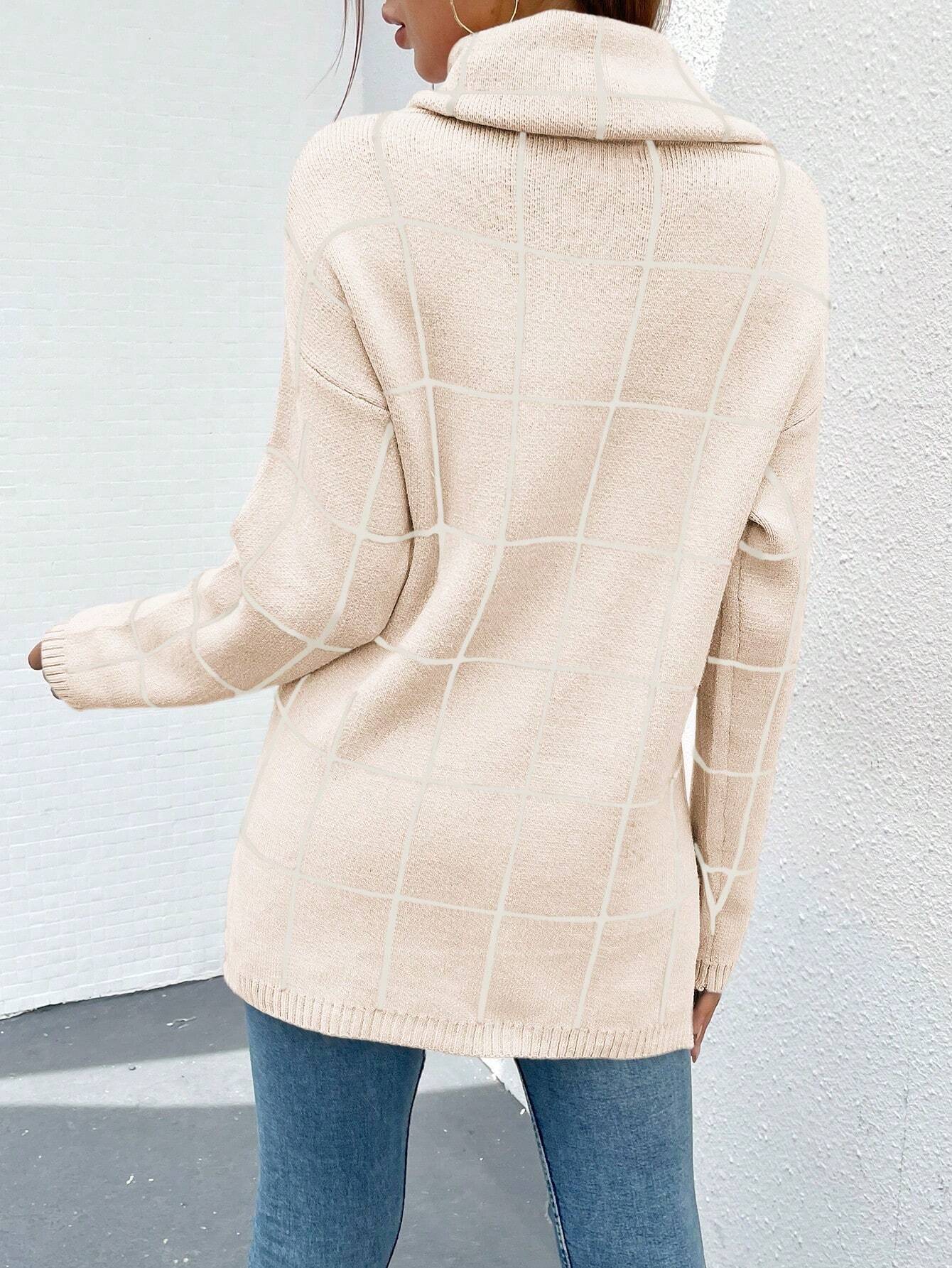 BTFBM Grid Pattern Turtleneck Drop Shoulder Sweater shein