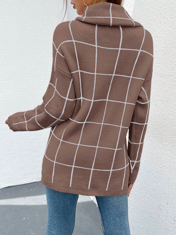 BTFBM Grid Pattern Turtleneck Drop Shoulder Sweater shein