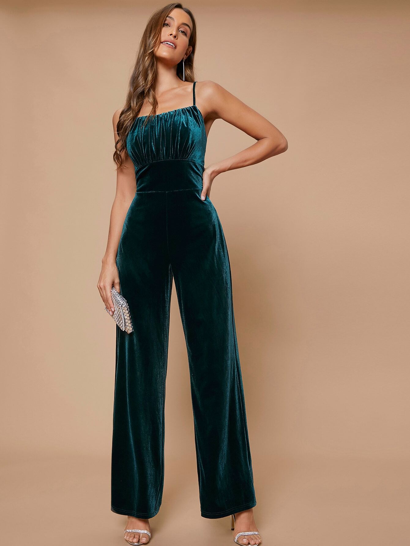 Belle Ruched Bust Velvet Cami Jumpsuit shein