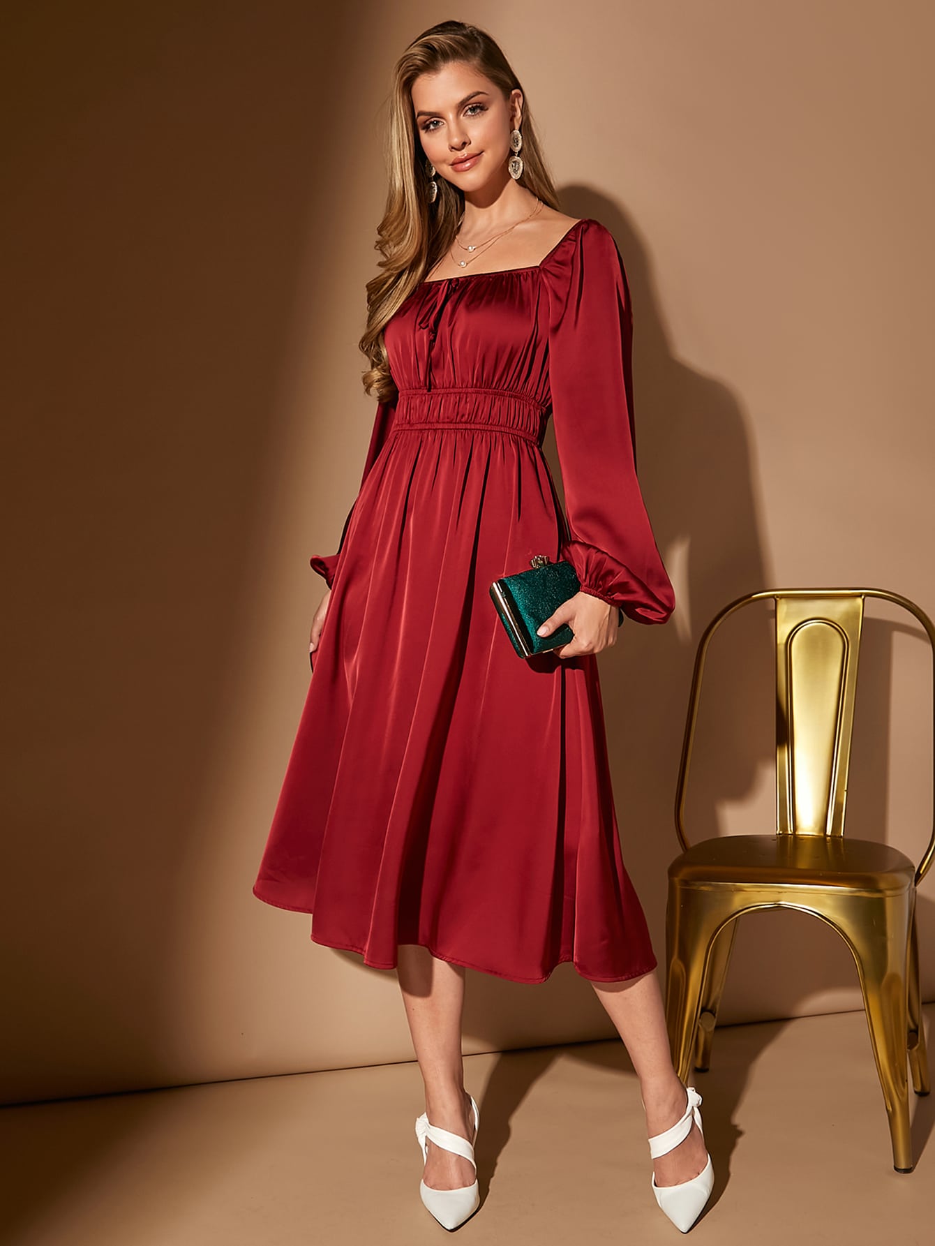 Belle Square Neck Lantern Sleeve Satin Bridesmaid Dress shein