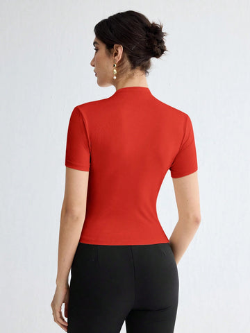 Stand Collar Ruched Shoulder Metallic Button Detail T-Shirt