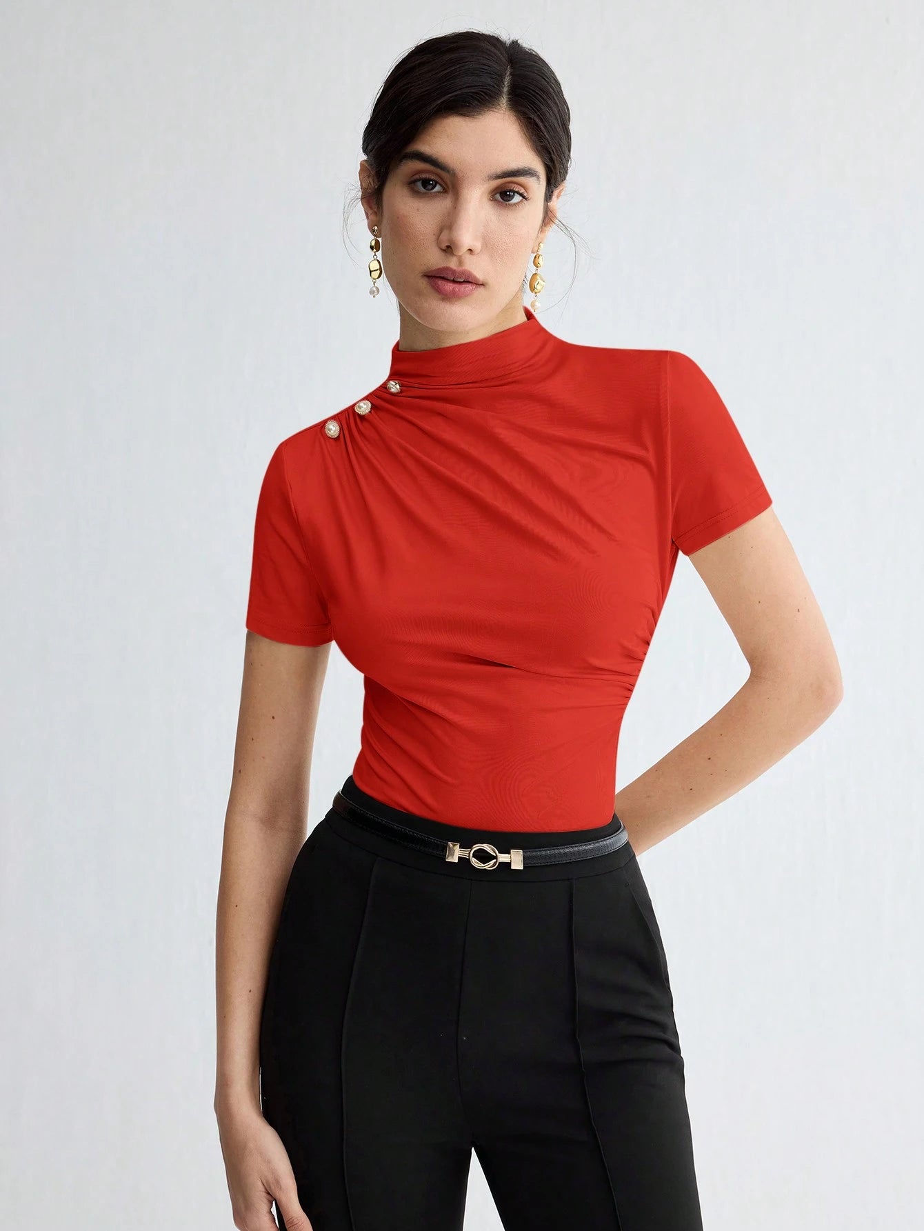 Stand Collar Ruched Shoulder Metallic Button Detail T-Shirt