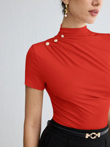 Stand Collar Ruched Shoulder Metallic Button Detail T-Shirt