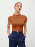 Round Collar Stitched Shoulder Cap Sleeve Women Blouse shein