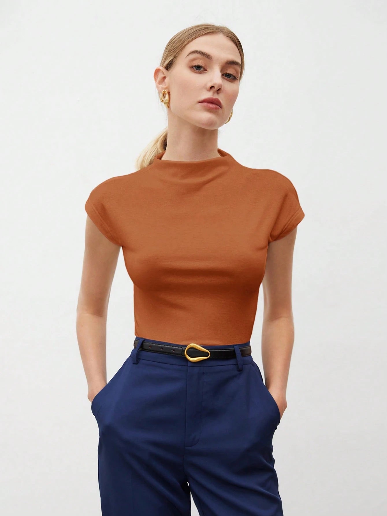 Round Collar Stitched Shoulder Cap Sleeve Women Blouse shein