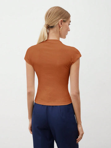 Round Collar Stitched Shoulder Cap Sleeve Women Blouse