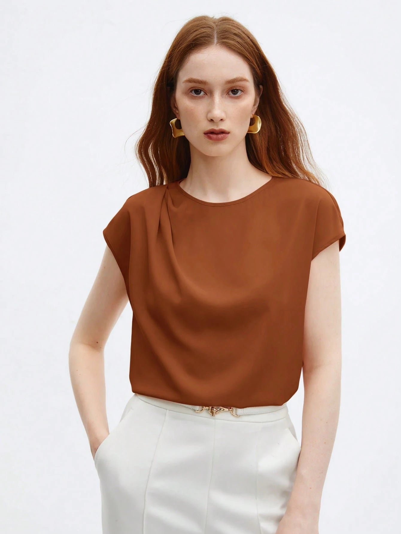 Crew Neck Gathered Shoulder Sleeve Blouse shein