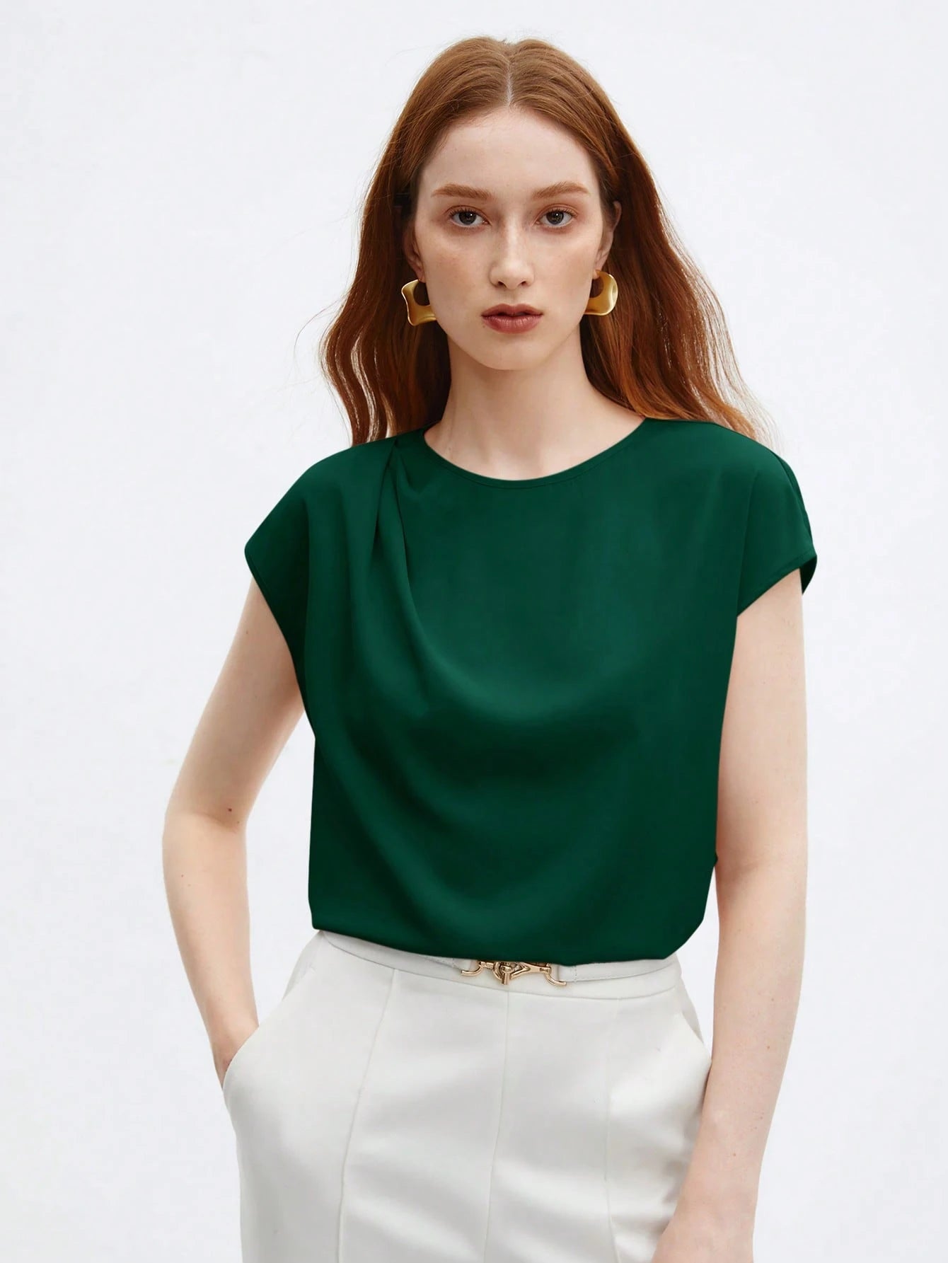 Crew Neck Gathered Shoulder Sleeve Blouse shein