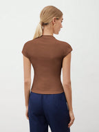 Round Collar Stitched Shoulder Cap Sleeve Women Blouse shein