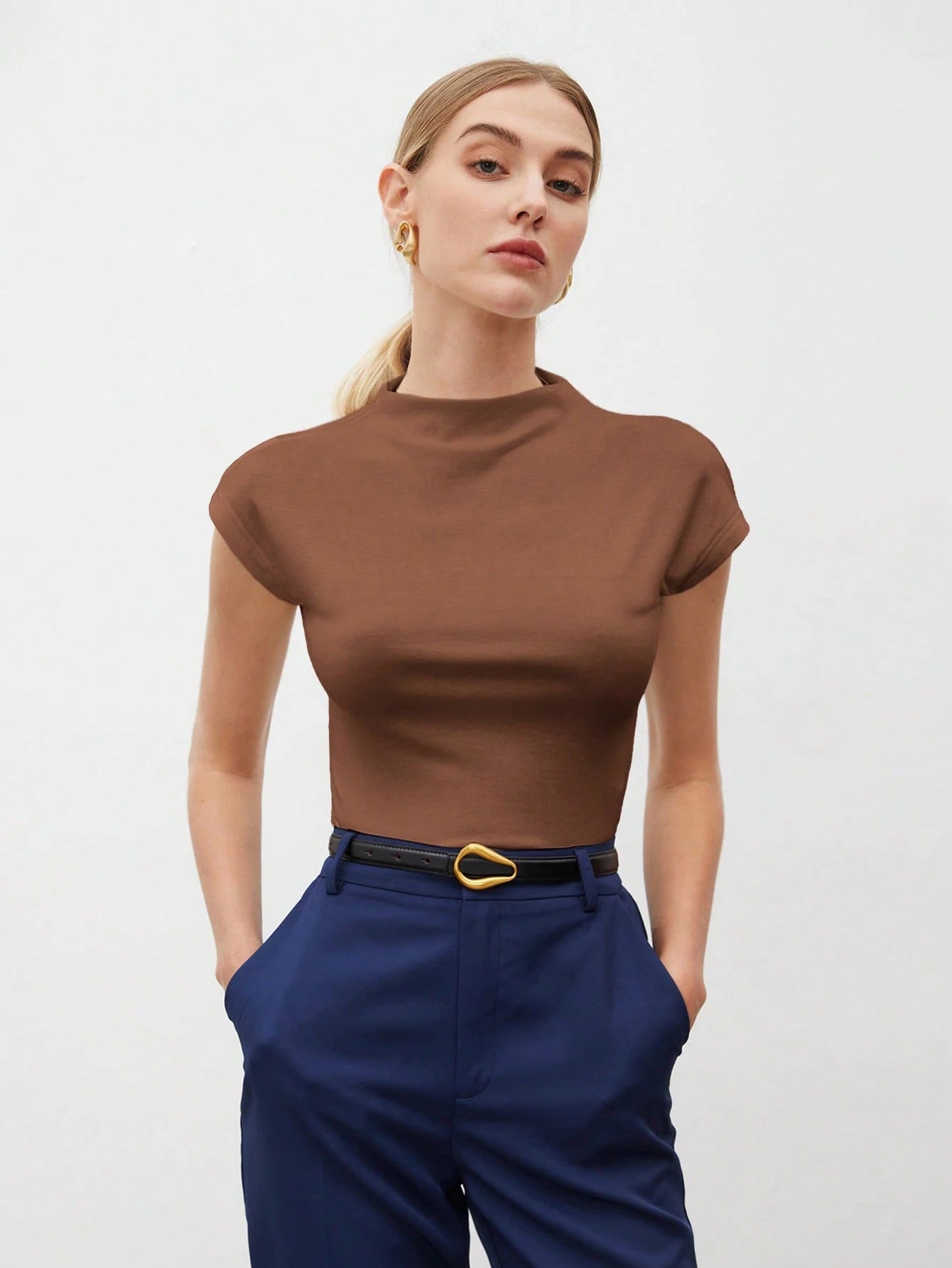 Round Collar Stitched Shoulder Cap Sleeve Women Blouse shein