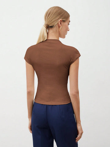 Round Collar Stitched Shoulder Cap Sleeve Women Blouse