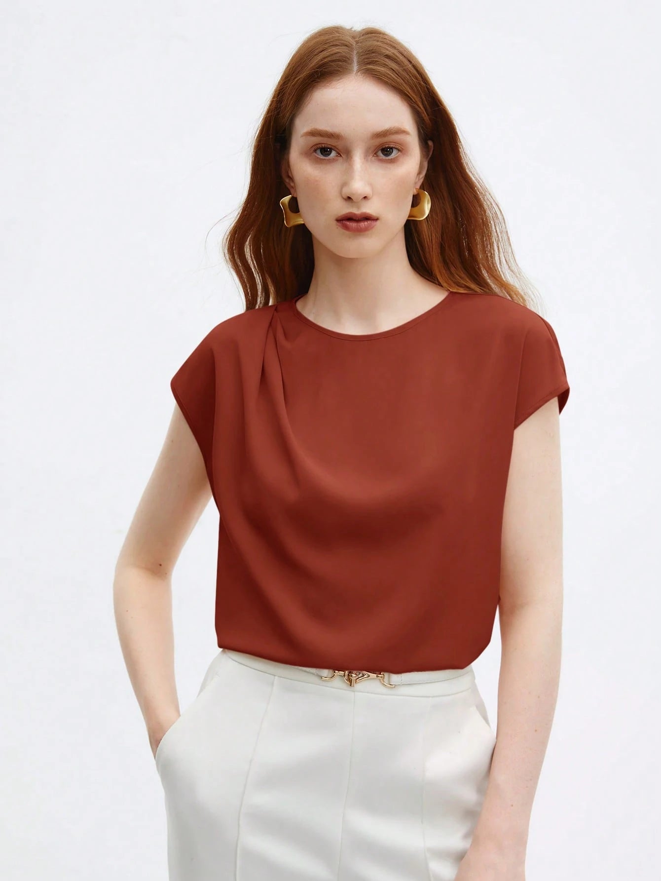 Crew Neck Gathered Shoulder Sleeve Blouse shein