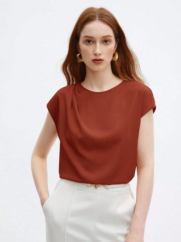 Crew Neck Gathered Shoulder Sleeve Blouse