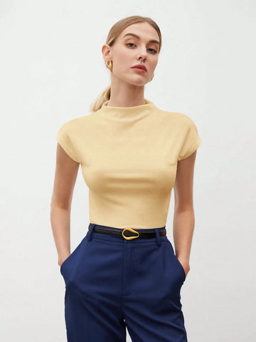 Round Collar Stitched Shoulder Cap Sleeve Women Blouse