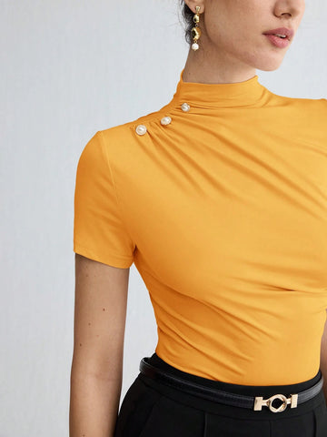 Stand Collar Ruched Shoulder Metallic Button Detail T-Shirt