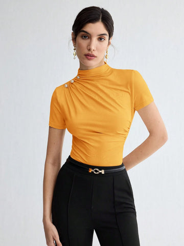 Stand Collar Ruched Shoulder Metallic Button Detail T-Shirt