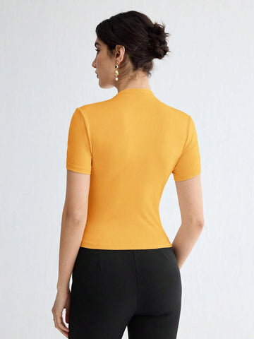 Stand Collar Ruched Shoulder Metallic Button Detail T-Shirt