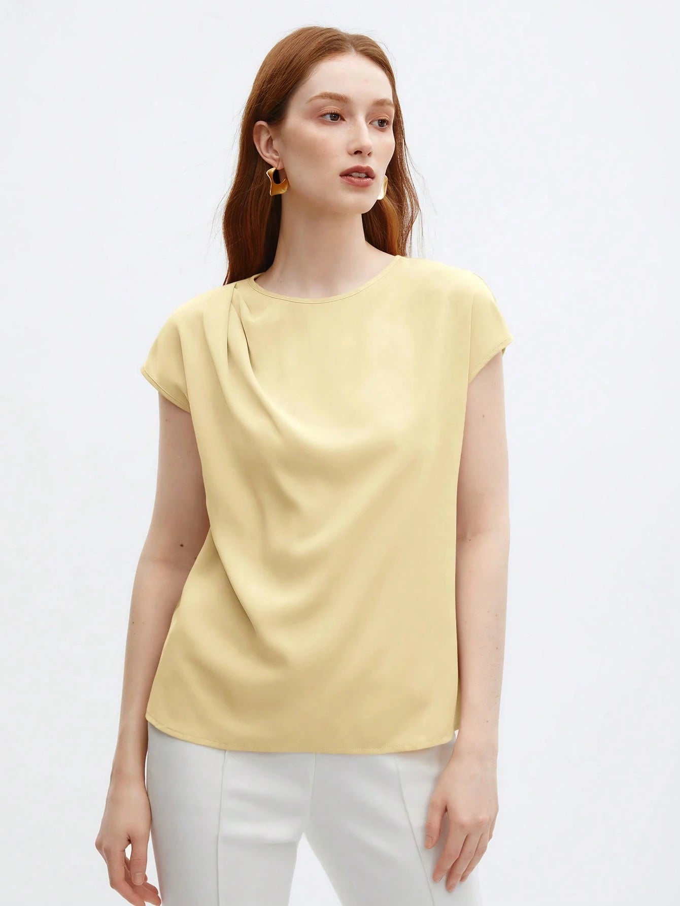 Crew Neck Gathered Shoulder Sleeve Blouse shein