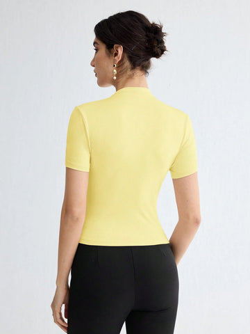 Stand Collar Ruched Shoulder Metallic Button Detail T-Shirt