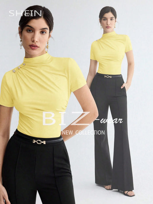 Stand Collar Ruched Shoulder Metallic Button Detail T-Shirt