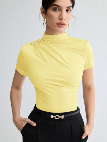 Stand Collar Ruched Shoulder Metallic Button Detail T-Shirt