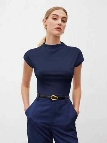 Round Collar Stitched Shoulder Cap Sleeve Women Blouse
