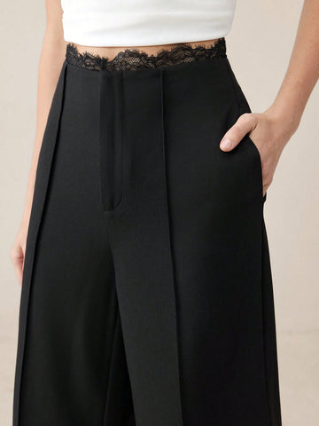 Fashion See-Through Lace Black Wide Leg Pants