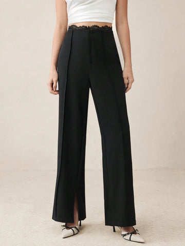 Fashion See-Through Lace Black Wide Leg Pants