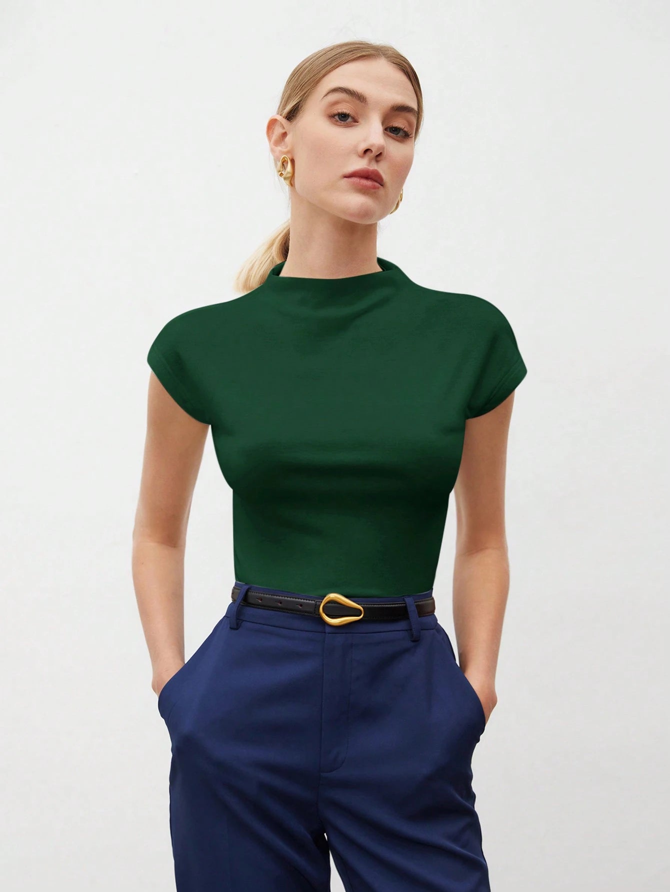 Round Collar Stitched Shoulder Cap Sleeve Women Blouse shein