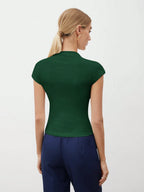 Round Collar Stitched Shoulder Cap Sleeve Women Blouse shein