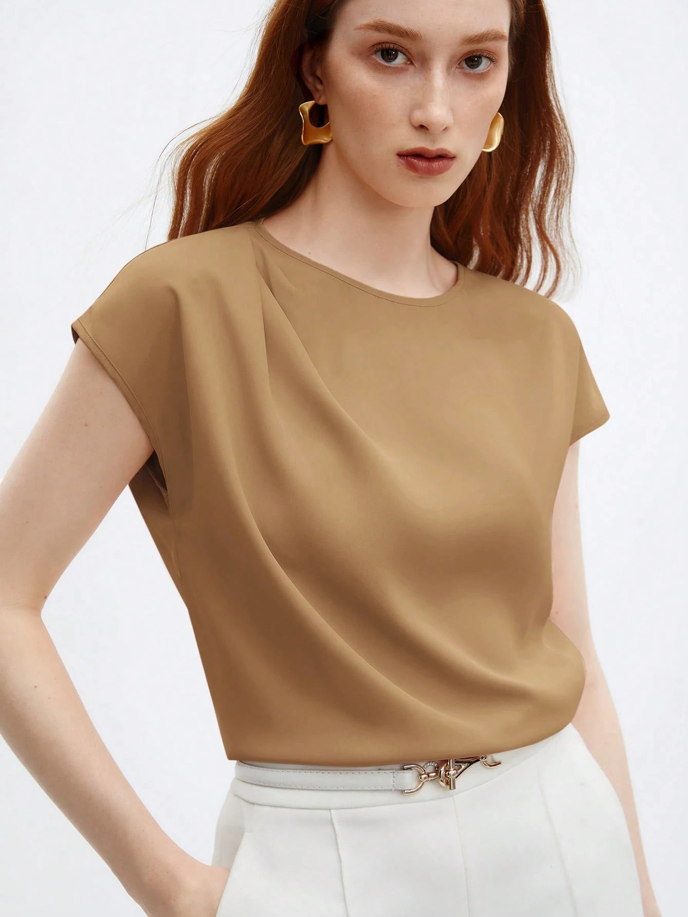 Crew Neck Gathered Shoulder Sleeve Blouse shein