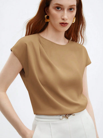 Crew Neck Gathered Shoulder Sleeve Blouse