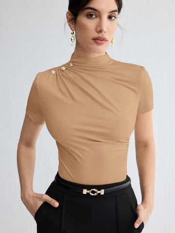 Stand Collar Ruched Shoulder Metallic Button Detail T-Shirt