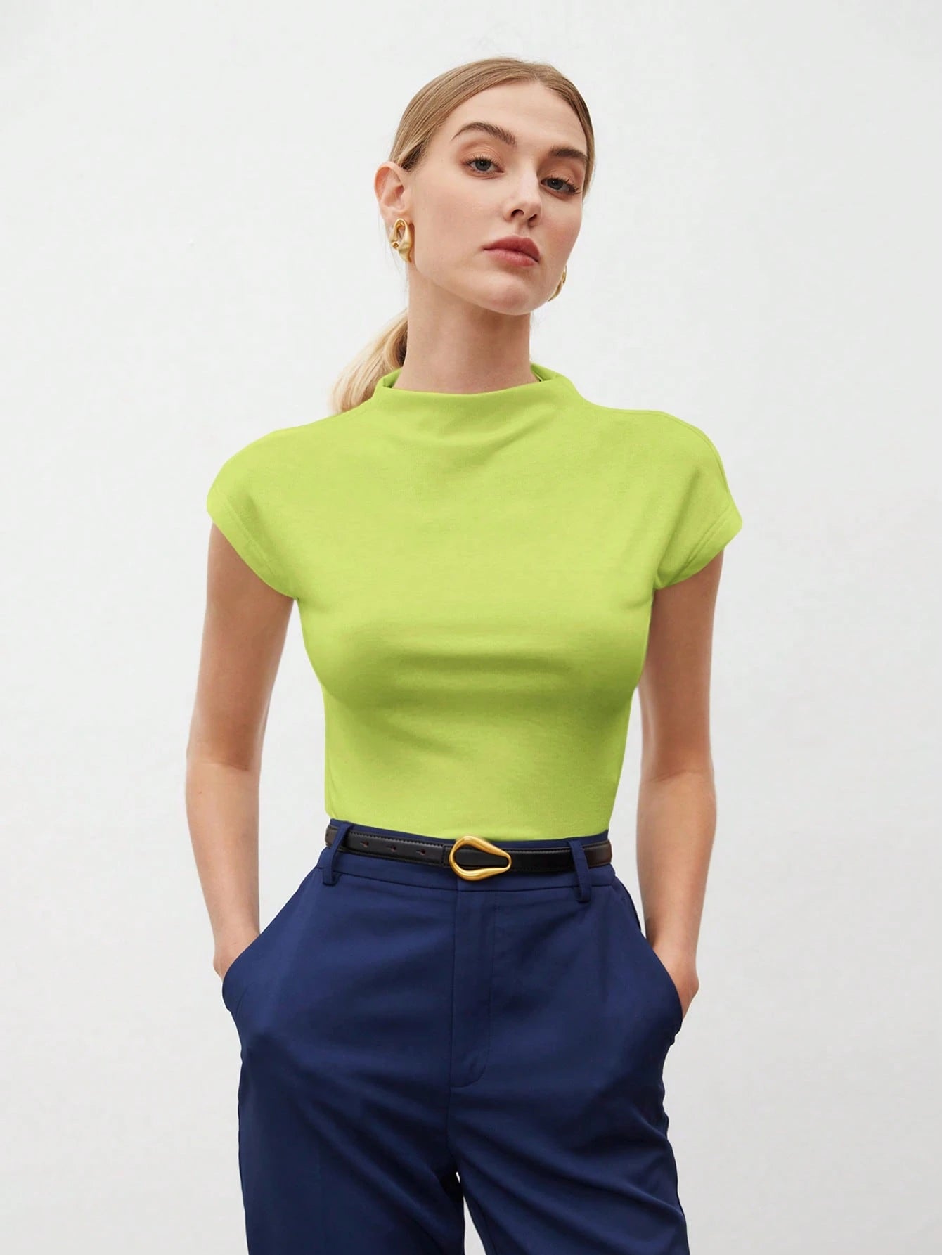 Round Collar Stitched Shoulder Cap Sleeve Women Blouse shein