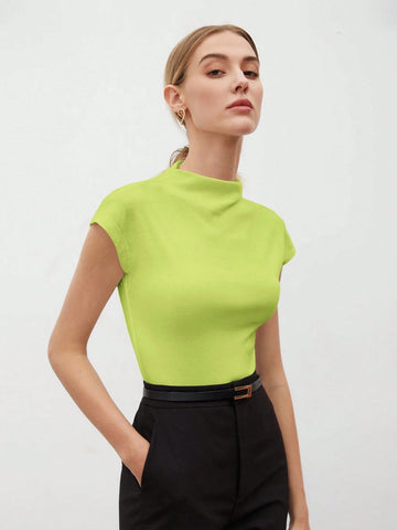 Round Collar Stitched Shoulder Cap Sleeve Women Blouse