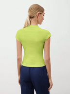Round Collar Stitched Shoulder Cap Sleeve Women Blouse shein