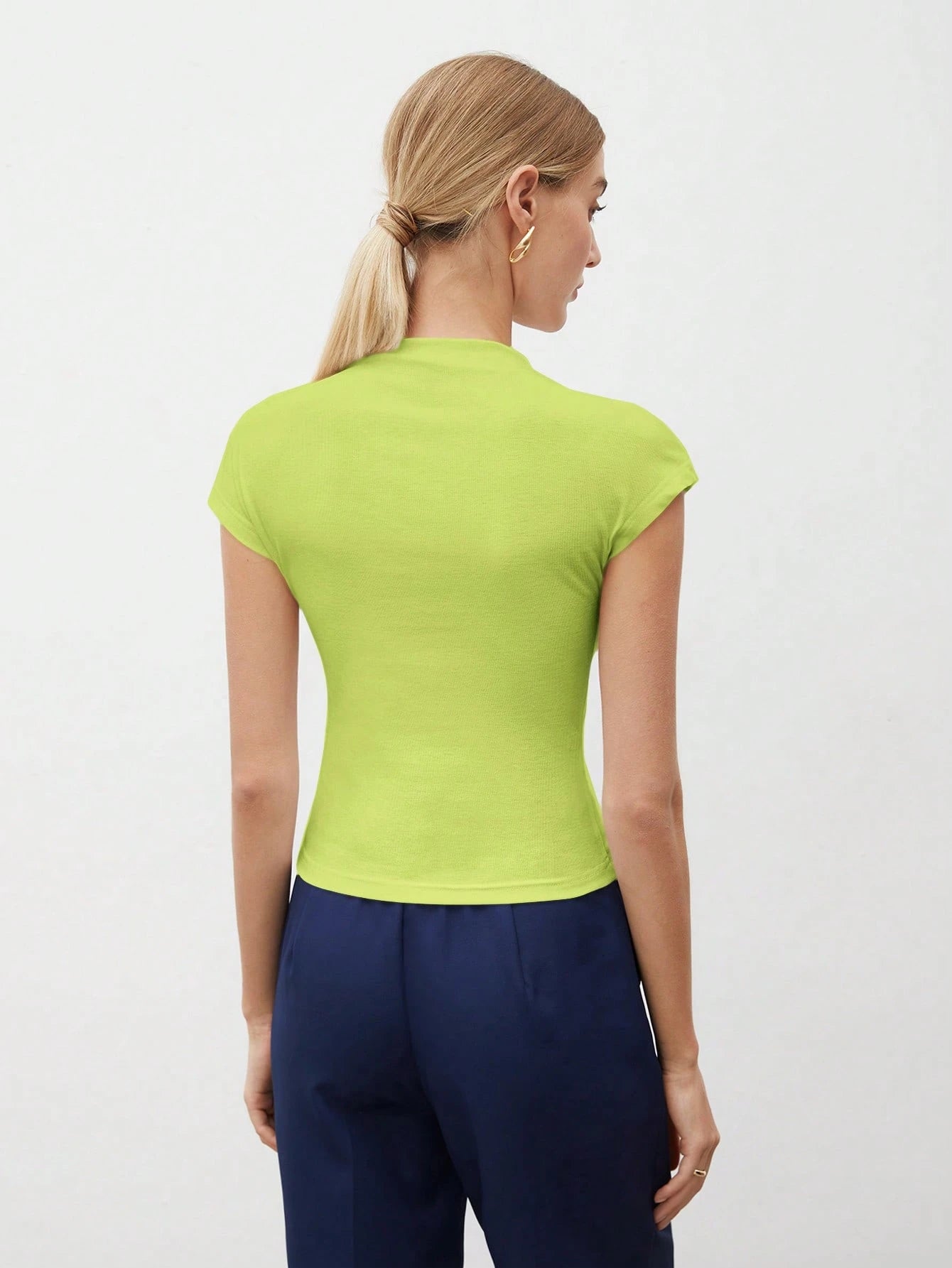 Round Collar Stitched Shoulder Cap Sleeve Women Blouse shein