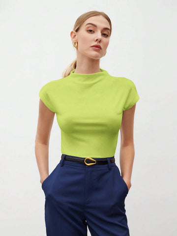 Round Collar Stitched Shoulder Cap Sleeve Women Blouse