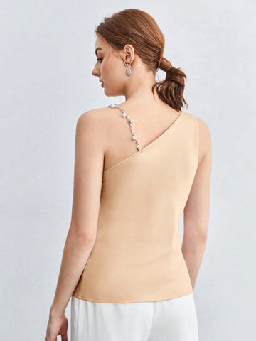 BizChic Pearl Decor Chain Strap Draped Neck Sleeveless Blouse