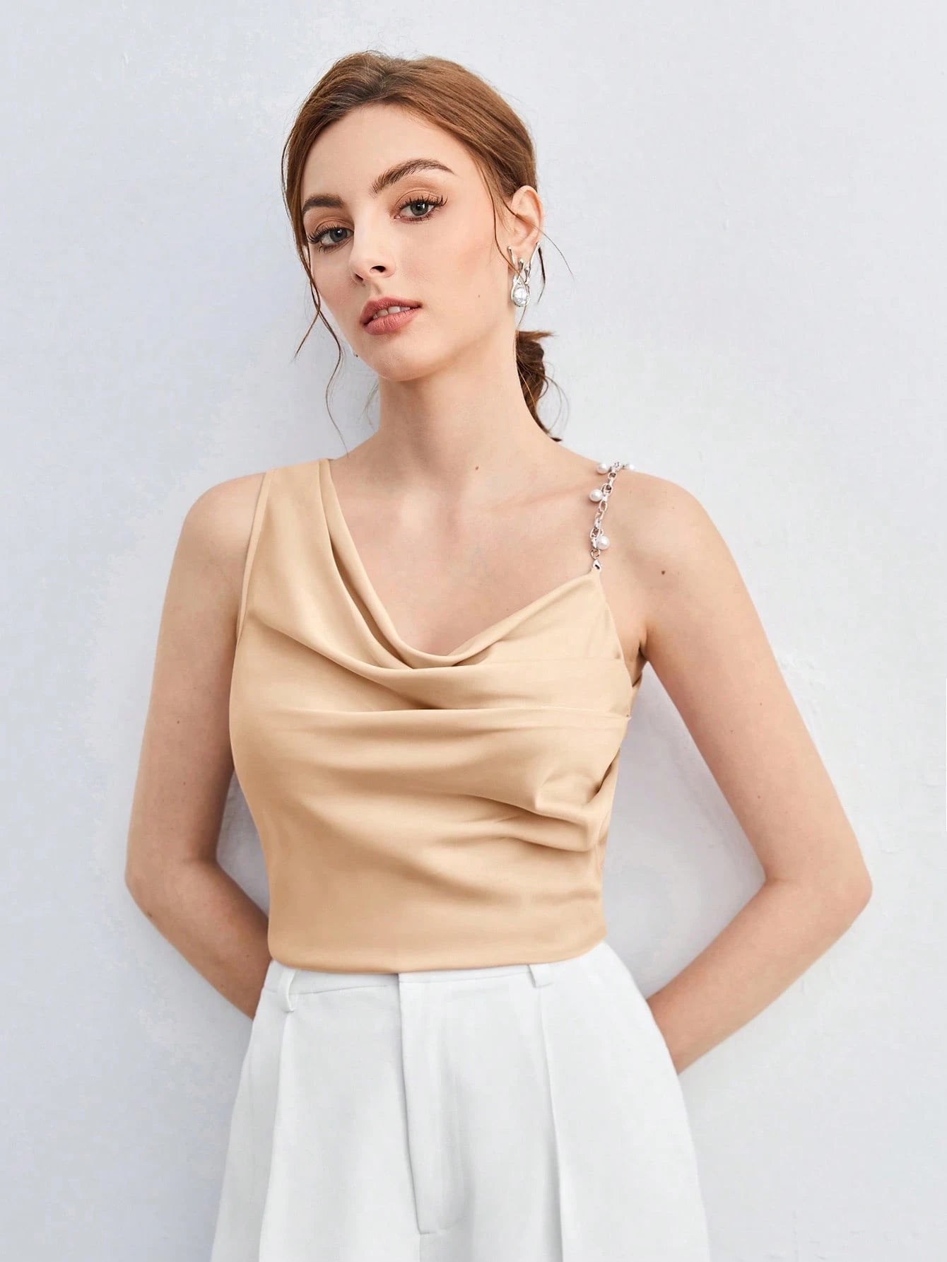 BizChic Pearl Decor Chain Strap Draped Neck Sleeveless Blouse shein