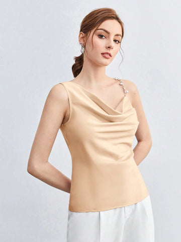 BizChic Pearl Decor Chain Strap Draped Neck Sleeveless Blouse