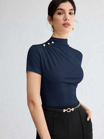 Stand Collar Ruched Shoulder Metallic Button Detail T-Shirt